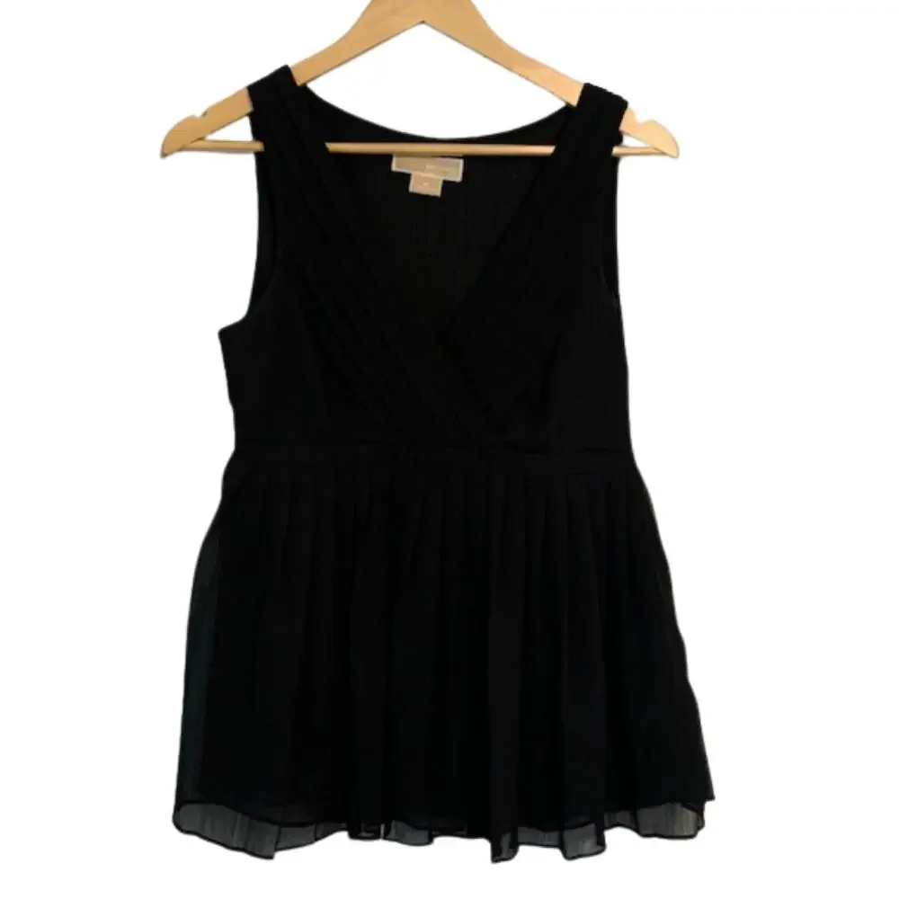 MICHAEL KORS Black V-Neck Pleated Sleeveless Flowy Blouse | M